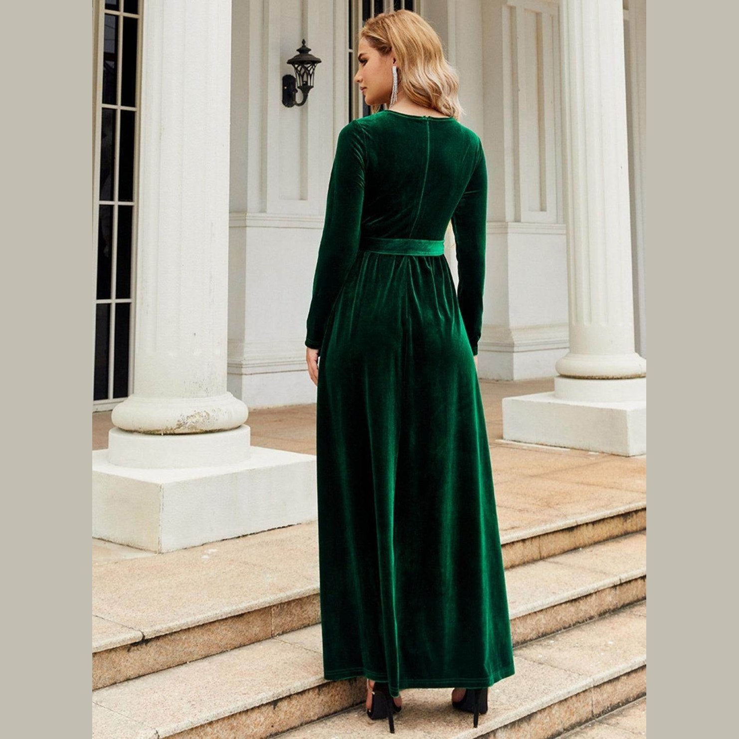 Tie Front Round Neck Long Sleeve Maxi Dress - VacationGrabs