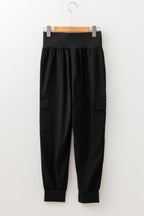 Solid Elastic High Waist Pocketed Cargo Jogger Pants