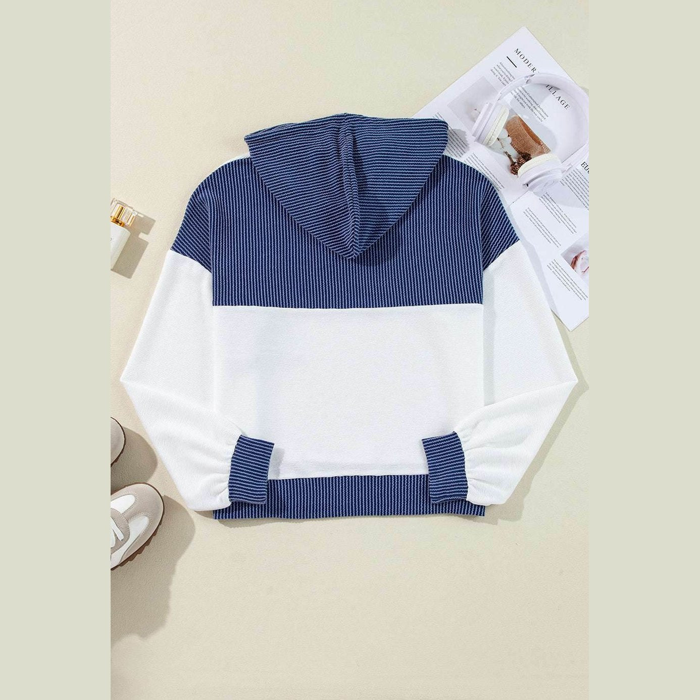 White Corded Colorblock Patch Pocket Drawstring Hooded Top - VacationGrabs