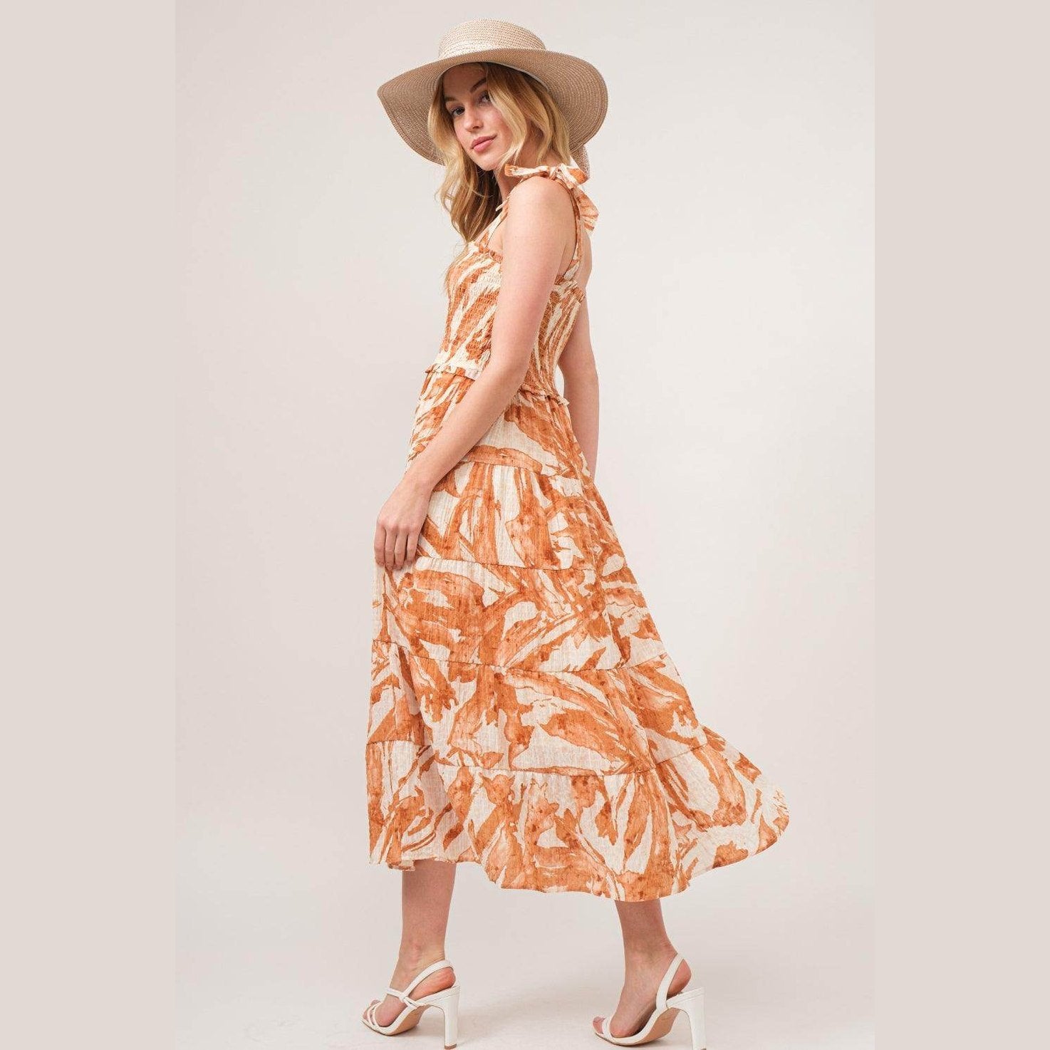 And The Why Tie Shoulder Smocked Midi Tiered Dress - VacationGrabs