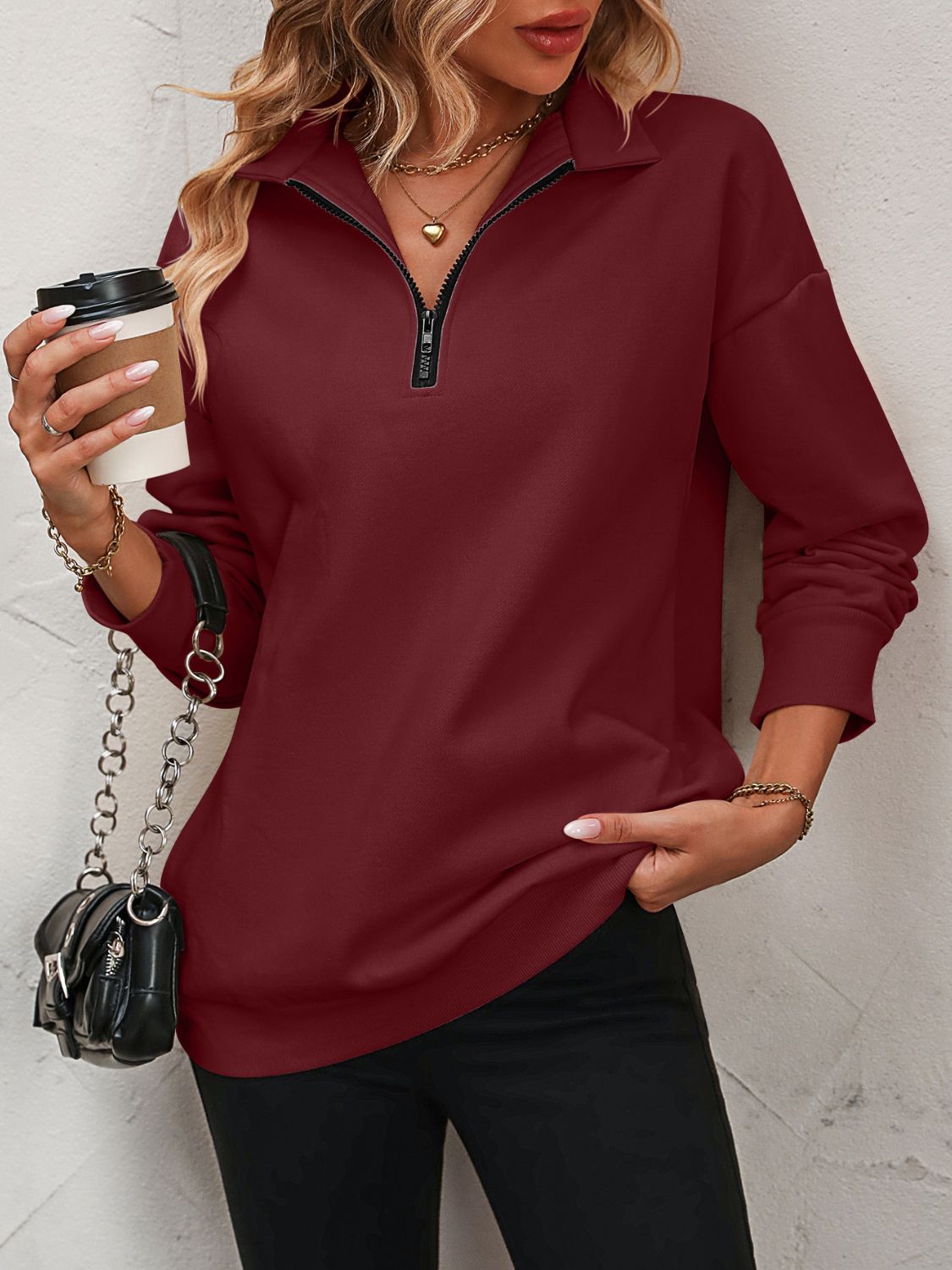 Women's Sweatshirts & HoodiesZip-Up Dropped Shoulder Sweatshirt - VacationGrabs