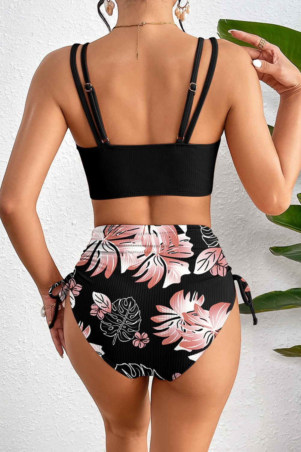 Maillot de bain bikini taille haute côtelé colorblock tropical