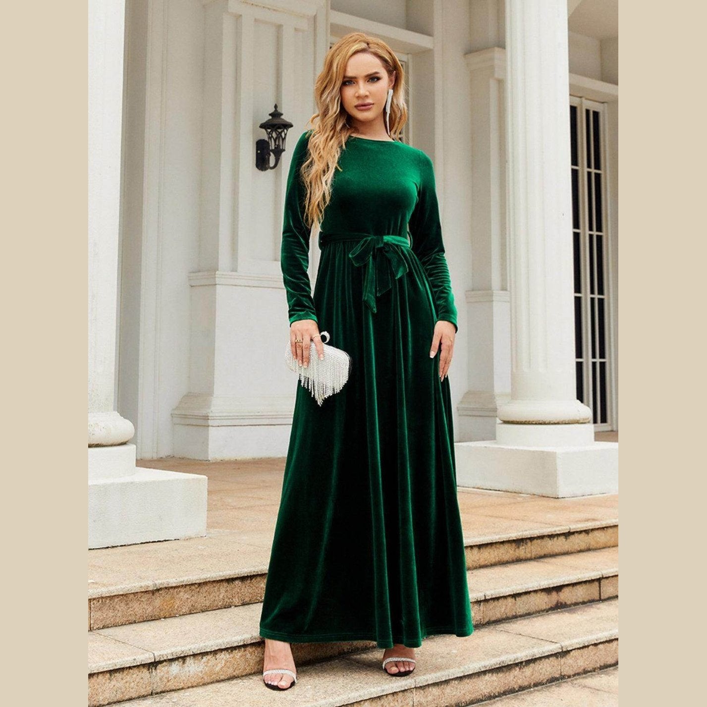 Tie Front Round Neck Long Sleeve Maxi Dress - VacationGrabs