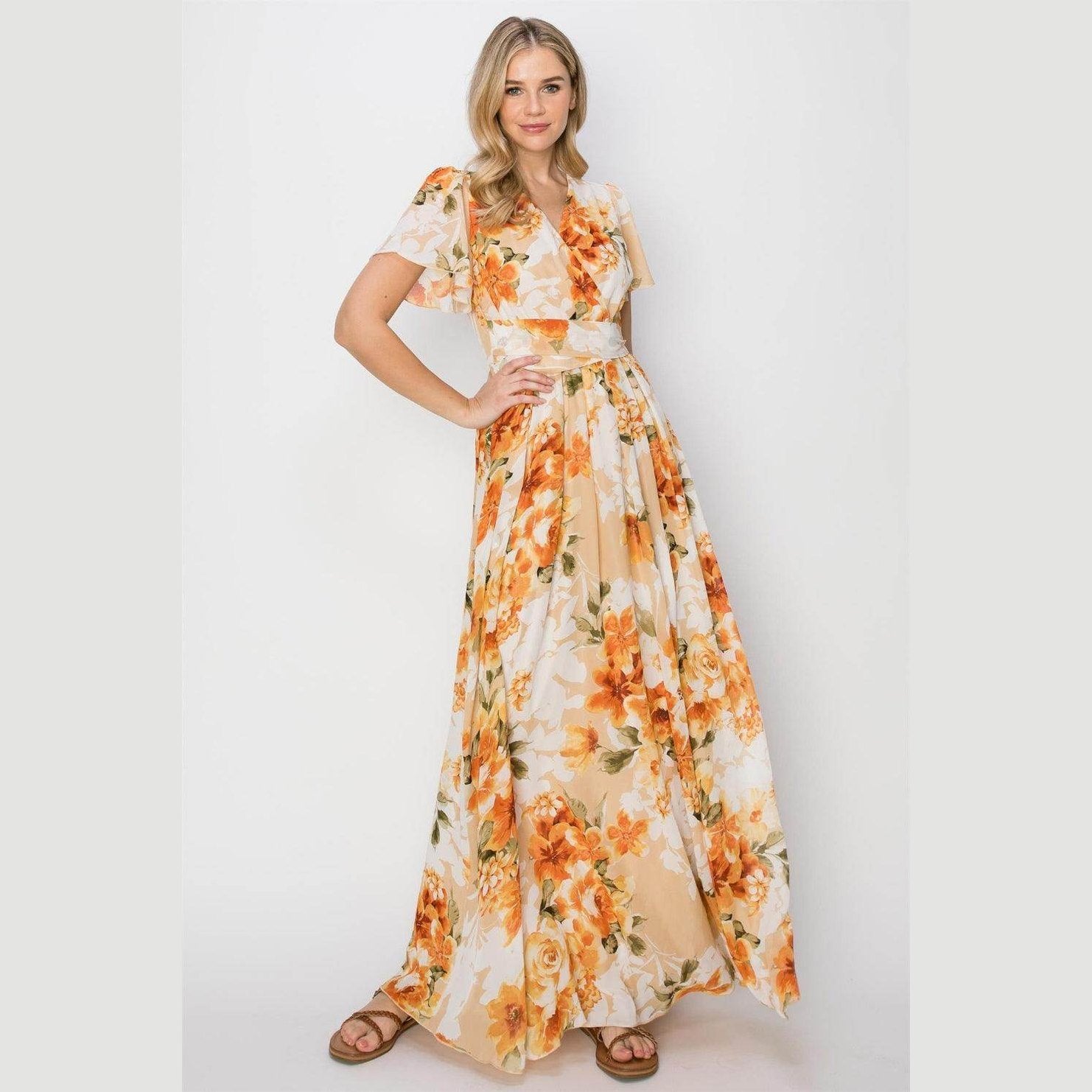 HYFVE Floral Tie Back Short Sleeve Slit Maxi Dress - VacationGrabs