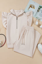 Textured Ruffle Half Zip Top and Pants Set