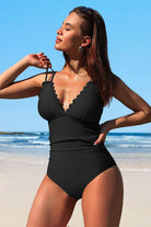 Scalloped V Neck Cut Out Monokini Swimwear - VacationGrabs