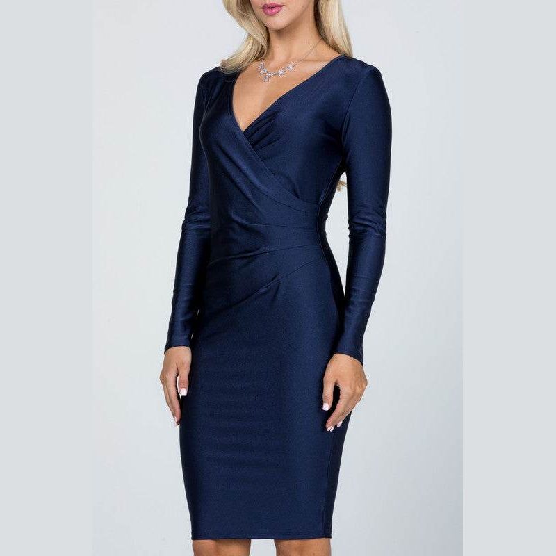 Long Sleeve Shiny Tricot Overlap Midi Dress - VacationGrabs