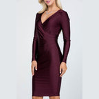 Long Sleeve Shiny Tricot Overlap Midi Dress - VacationGrabs