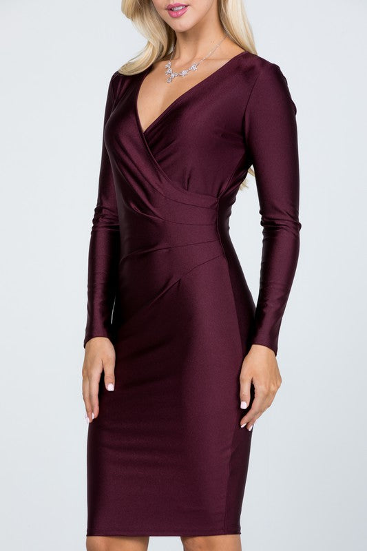 Women's DressesLong Sleeve Shiny Tricot Overlap Midi Dress - VacationGrabs