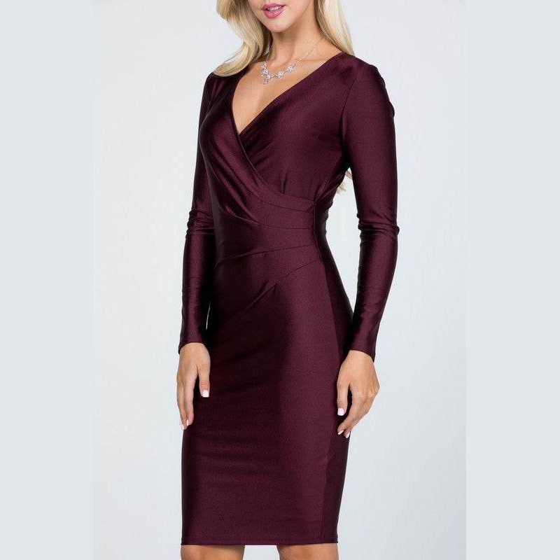 Long Sleeve Shiny Tricot Overlap Midi Dress - VacationGrabs