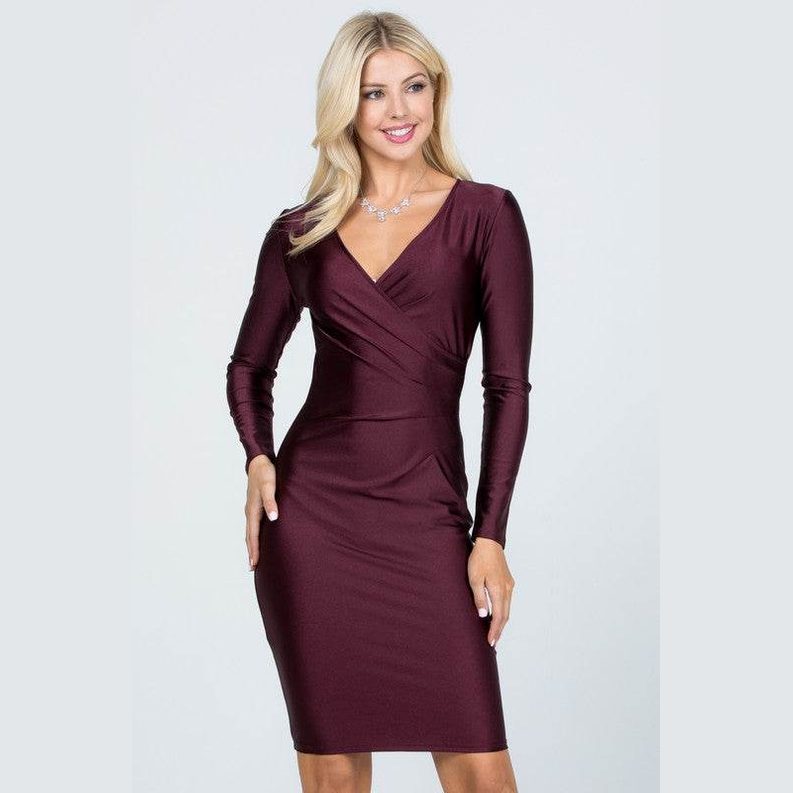 Long Sleeve Shiny Tricot Overlap Midi Dress - VacationGrabs