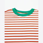Orange Stripe Oversized Contrast Trim Exposed Seam High Low T Shirt - VacationGrabs