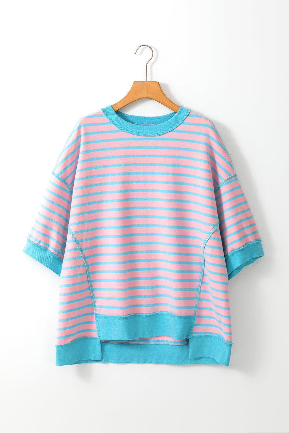 Women's Shirts - T-ShirtsPink Stripe Oversized Contrast Trim Exposed Seam High Low T - VacationGrabs