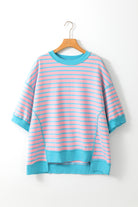 Women's Shirts - T-ShirtsPink Stripe Oversized Contrast Trim Exposed Seam High Low T - VacationGrabs