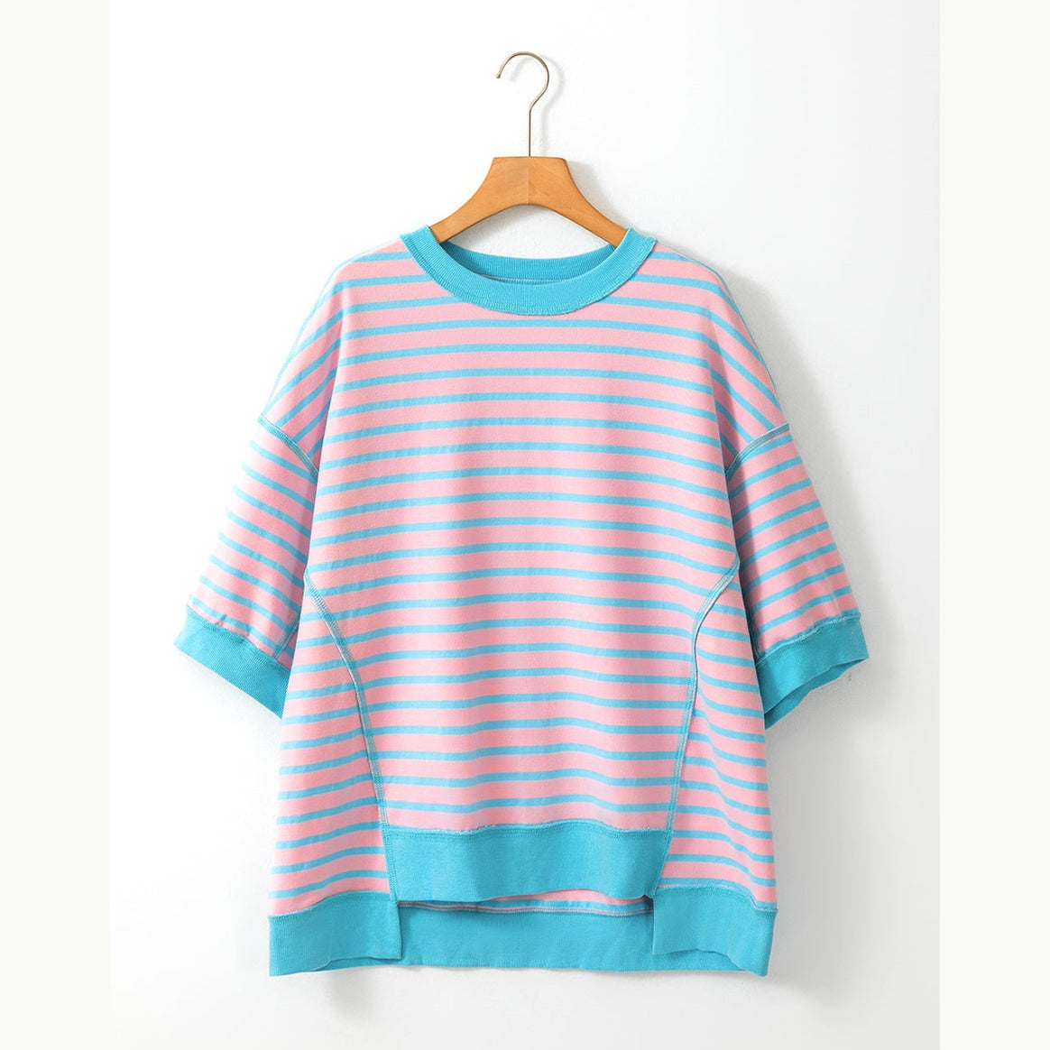 Pink Stripe Oversized Contrast Trim Exposed Seam High Low T
