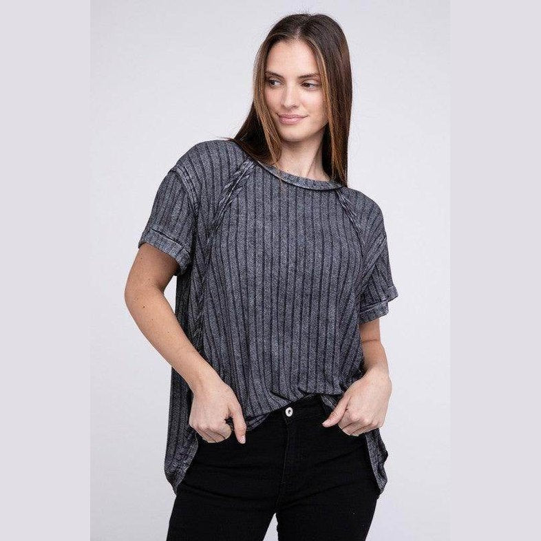 Ribbed Raglan Dolman Sleeve Boat-Neck Top - VacationGrabs