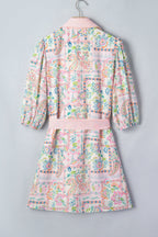 Boho Floral Colorblock 3/4 Sleeve Belted Mini Dress