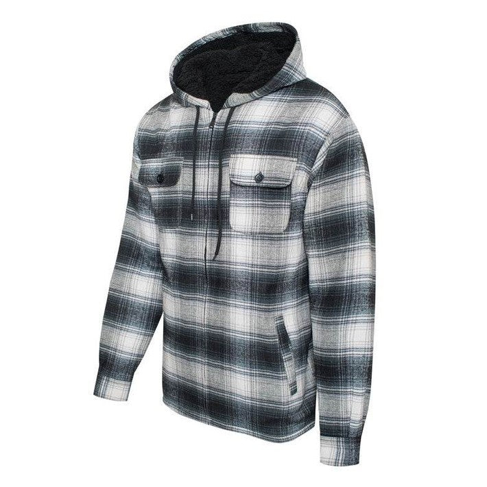 Men's Flannel Sherpa Lined Jacket with Hood - VacationGrabs