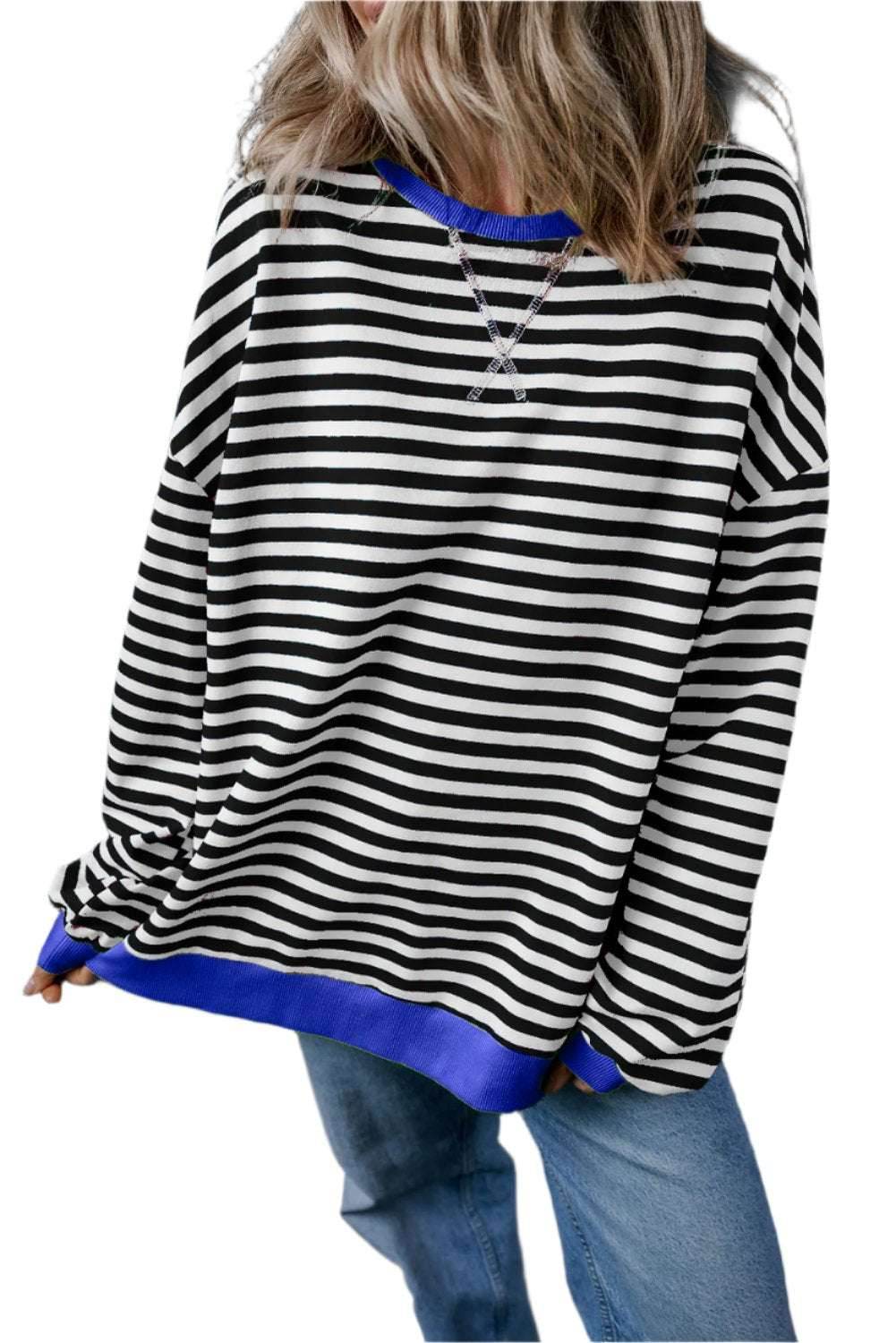 Black Stripe Oversized Contrast Trim Pullover Sweatshirt - VacationGrabs