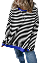 Black Stripe Oversized Contrast Trim Pullover Sweatshirt - VacationGrabs