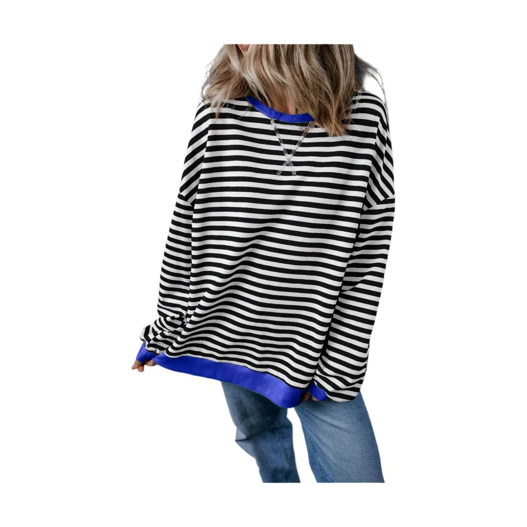 Black Stripe Oversized Contrast Trim Pullover Sweatshirt - VacationGrabs
