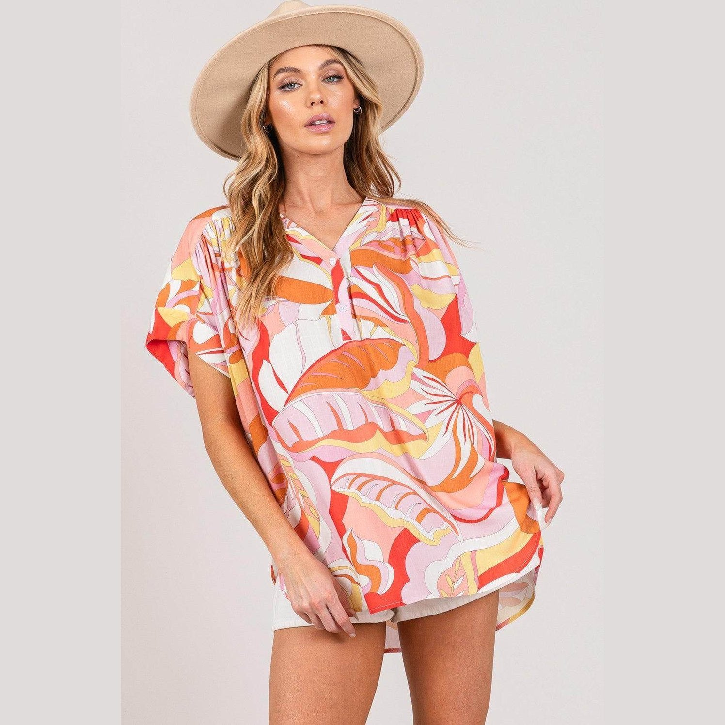 SAGE + FIG Abstract Print Half Button Blouse - VacationGrabs