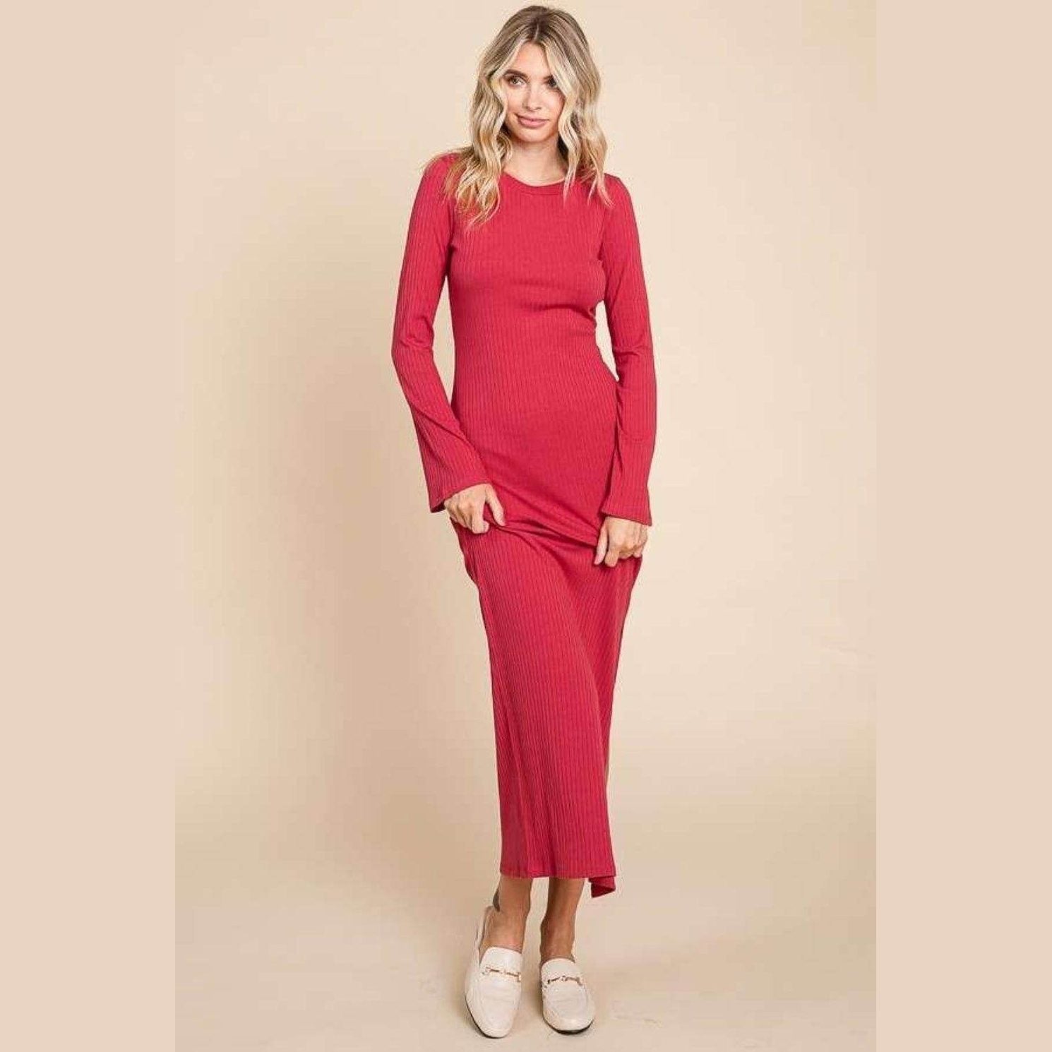 Culture Code Full Size Round Neck Bodycon Bell Maxi Dress - VacationGrabs