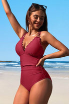 Scalloped V Neck Cut Out Monokini Swimwear - VacationGrabs