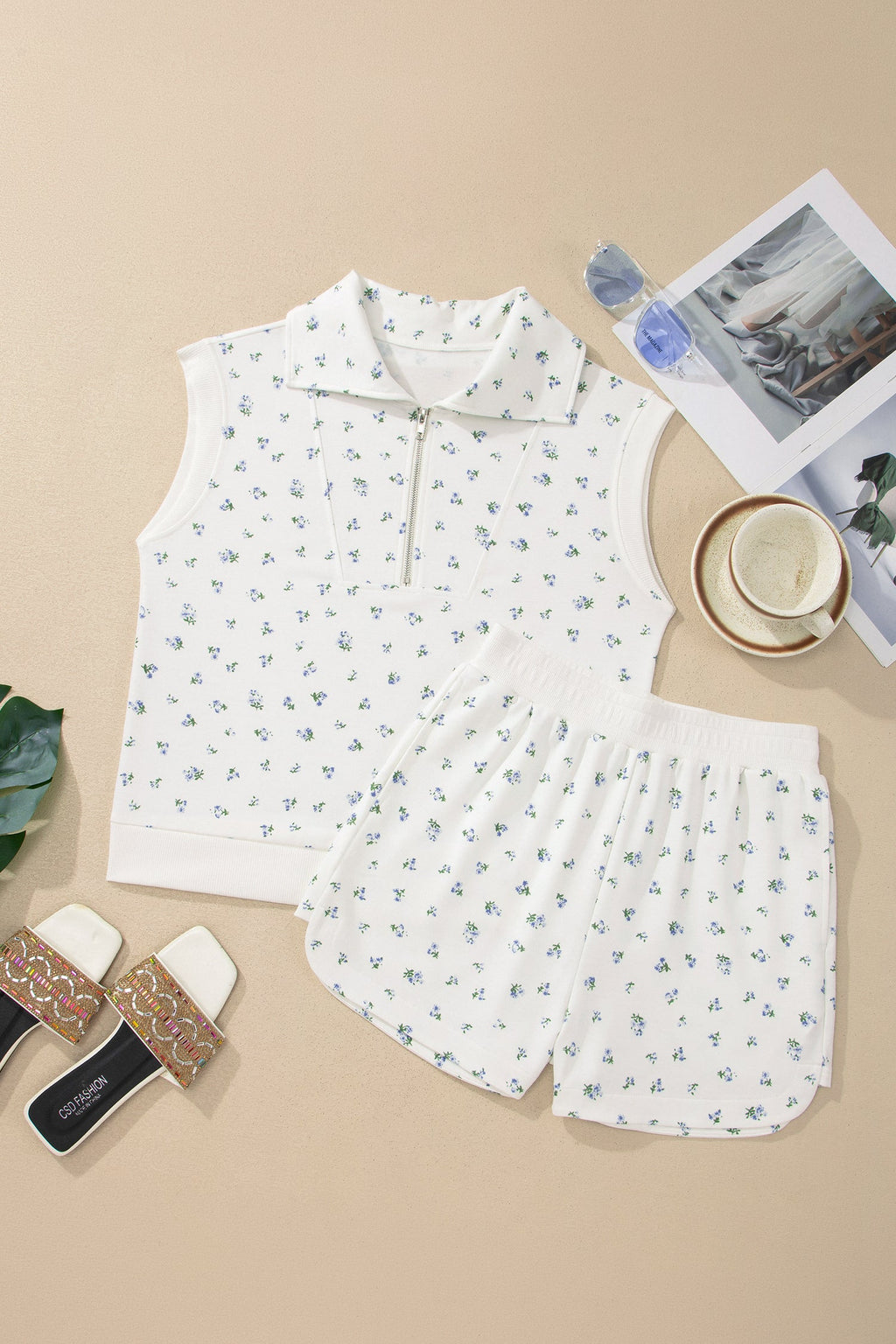 Floral Half Zip Top & Drawstring Shorts Set