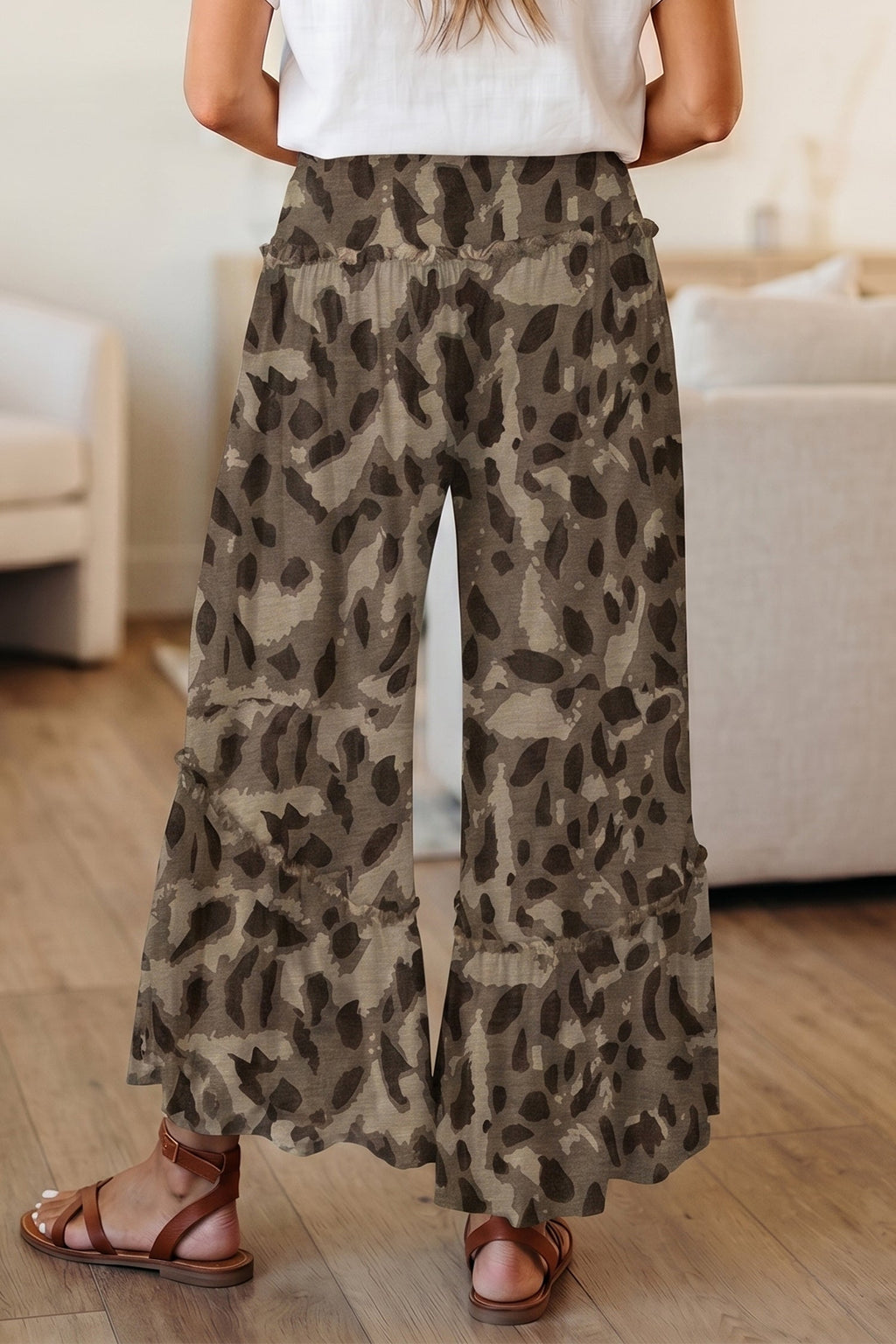 Abstract Leopard Ruffle Tiered Wide Leg Pants