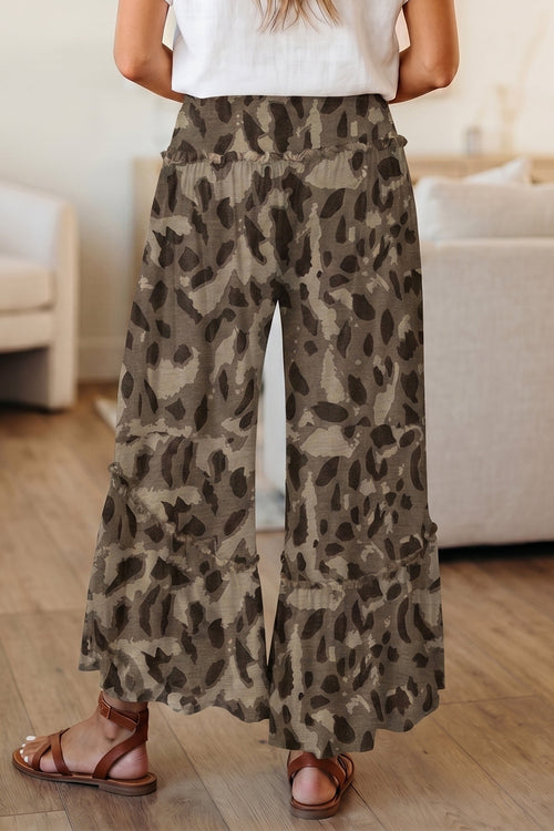 Abstract Leopard Ruffle Tiered Wide Leg Pants