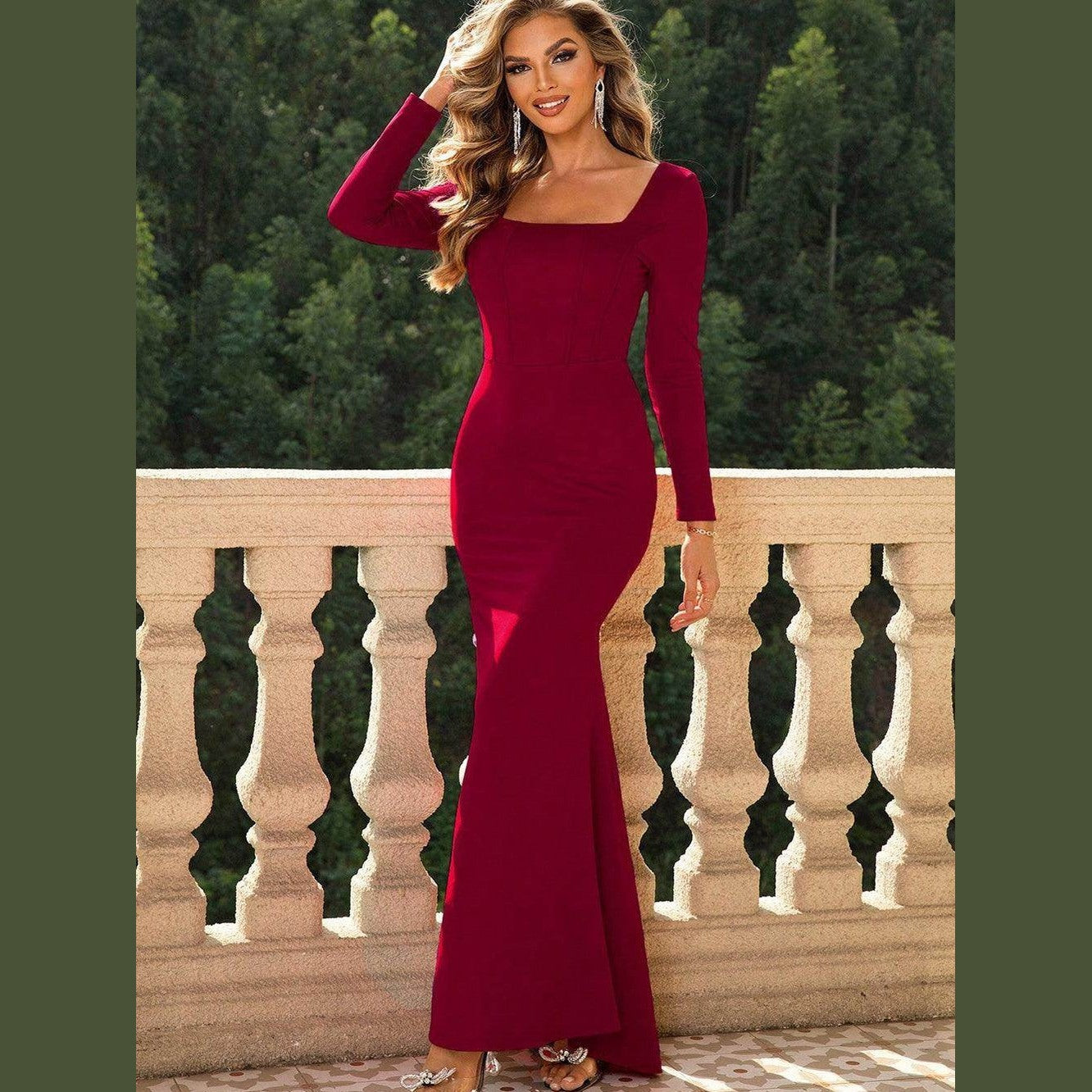 Square Neck Long Sleeve Dress - VacationGrabs