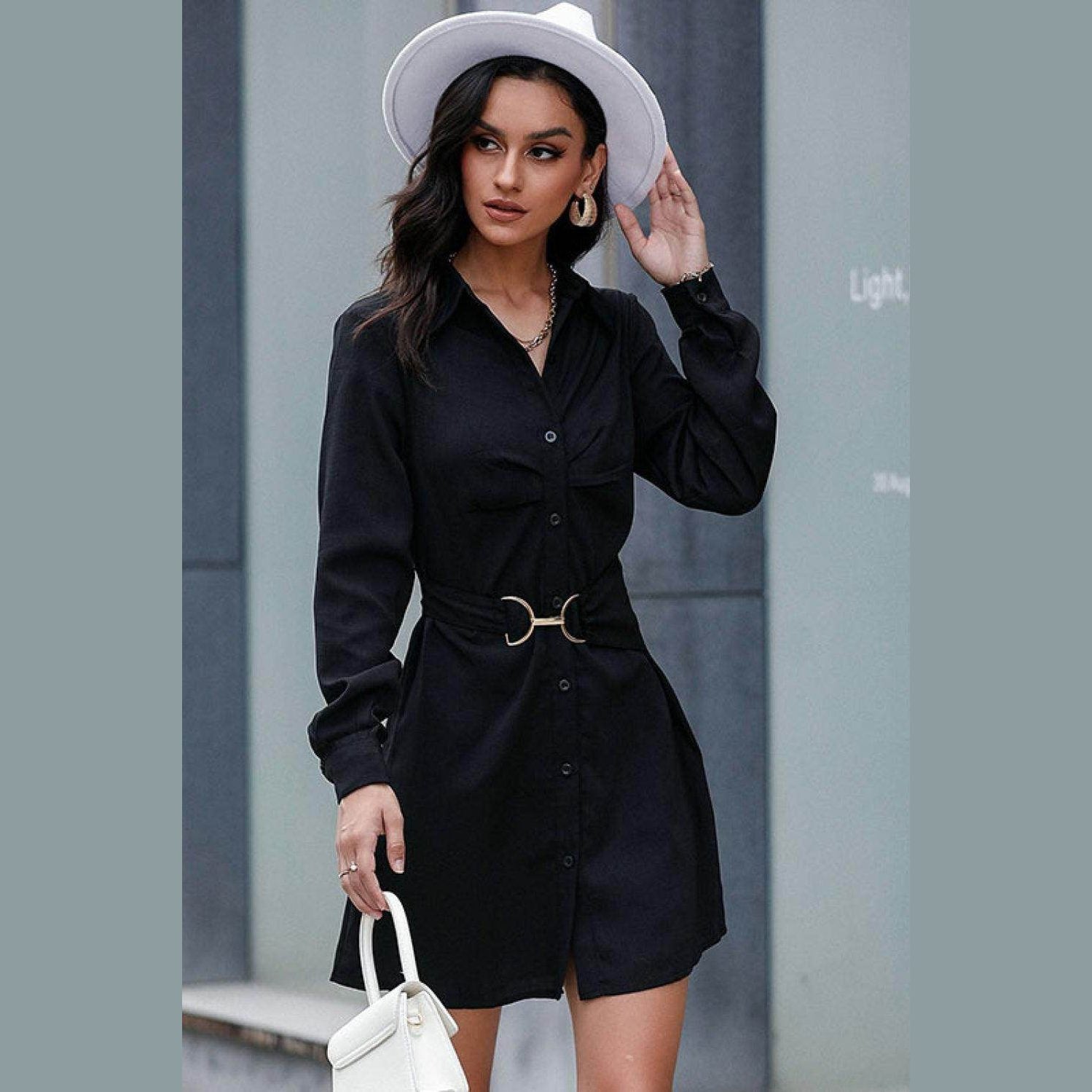 Belted Mini Shirt Dress - VacationGrabs