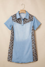 Leopard Patchwork Colorblock Shirt Collar Mini Dress