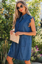 Denim Ruffle Edge Collared Button Up Dress