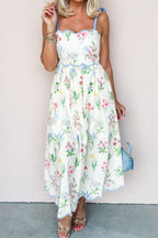 Floral Contrast Trim Tie Strap Midi Dress