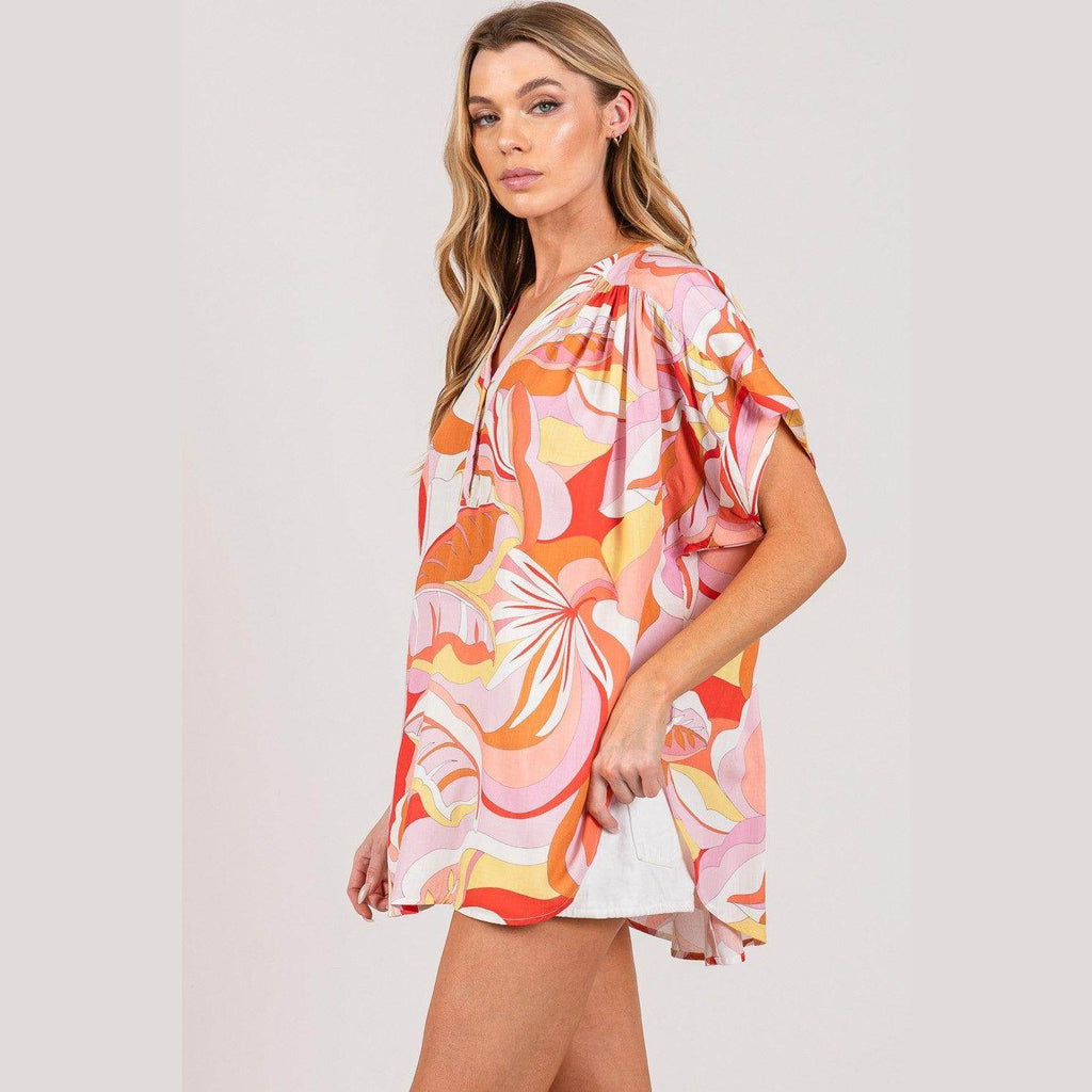 SAGE + FIG Abstract Print Half Button Blouse - VacationGrabs
