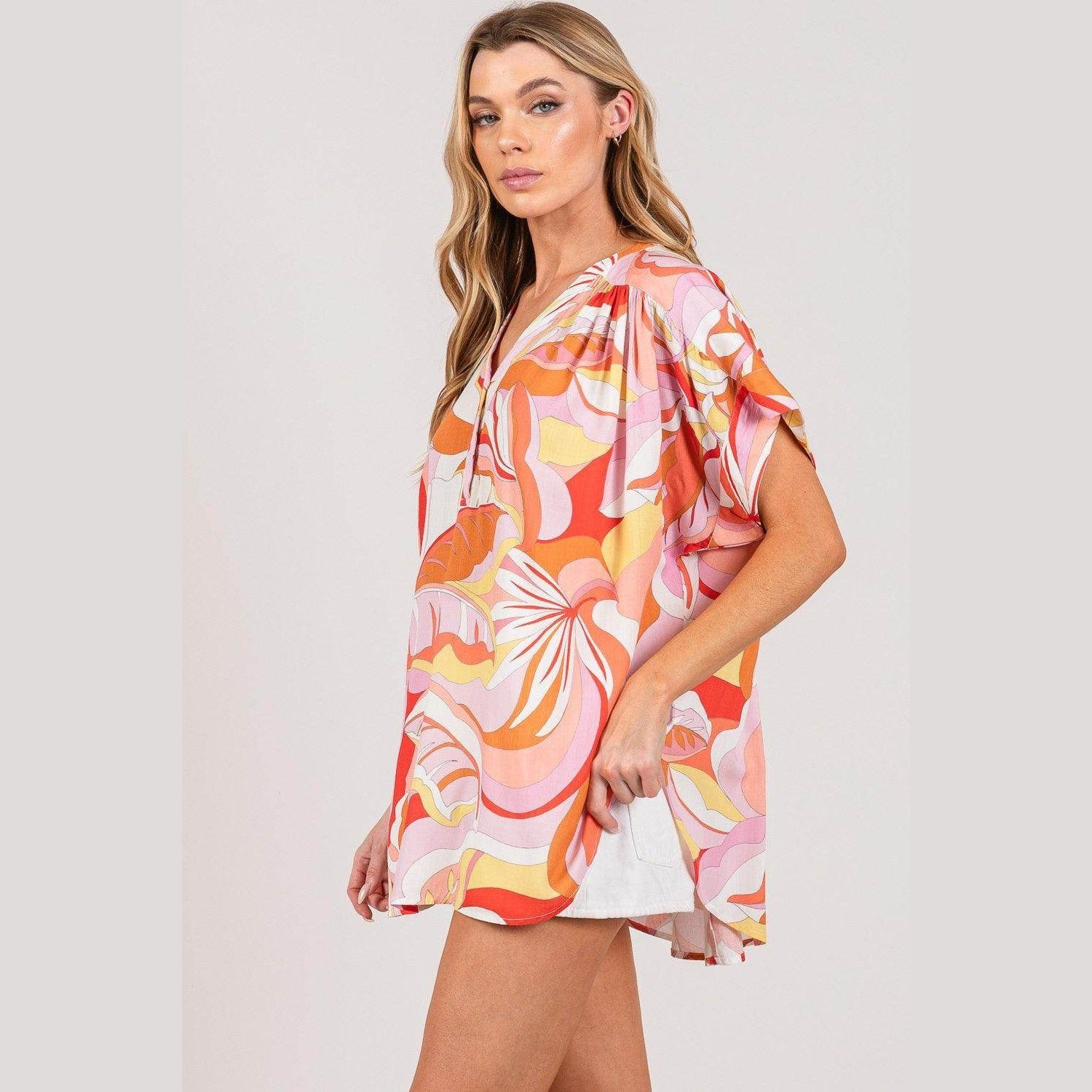 SAGE + FIG Abstract Print Half Button Blouse - VacationGrabs