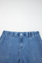 Plus Size Denim Elastic Waist Ruffle Wide Leg Pants