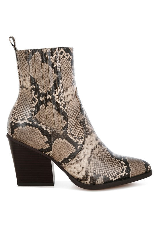 Rag Company stylish vacation ankle boots in chic snake print with a trendy block heel