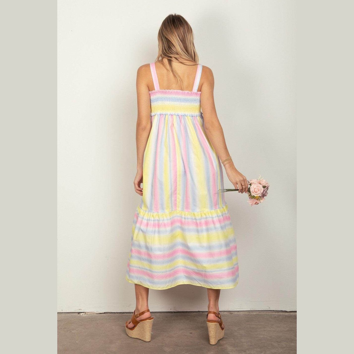 VERY J Striped Woven Smocked Midi Cami Dress - VacationGrabs