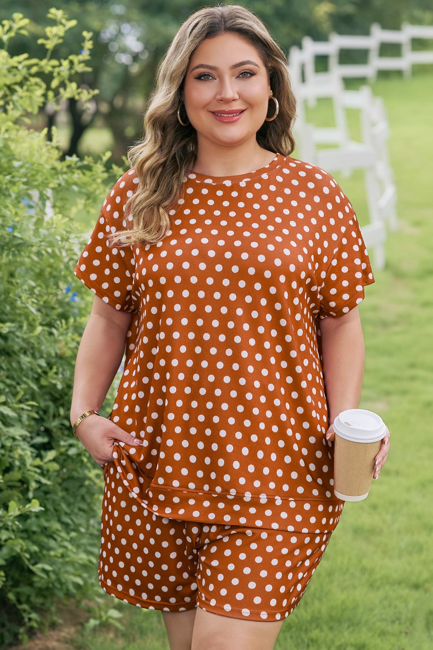 Plus Size Polka Dot Tee & Loose Shorts Set