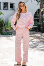 Stripe Drop Shoulder Top & Buttoned Pants Set