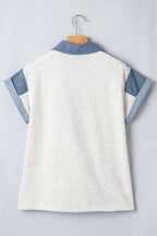 Denim Colorblock Patchwork Shirt Collar Blouse