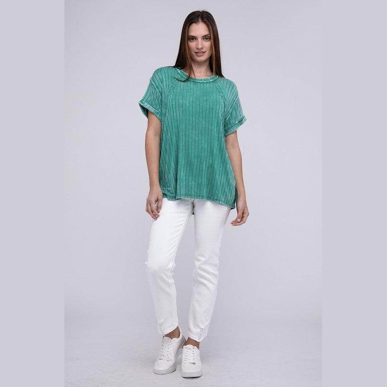 Ribbed Raglan Dolman Sleeve Boat-Neck Top - VacationGrabs