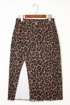 Leopard Denim Frayed Hem Midi Skirt
