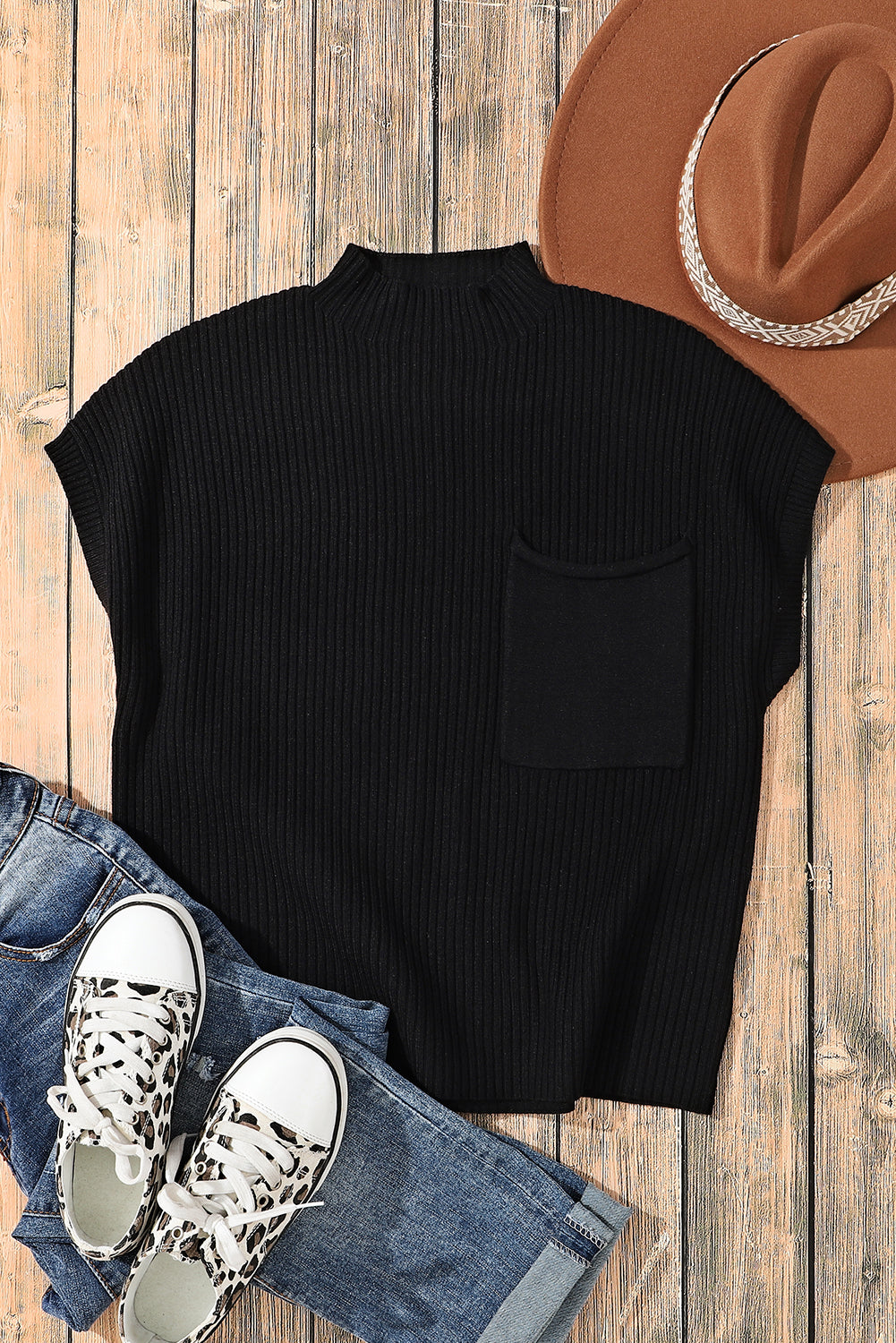 Women's SweatersBlack Patch Pocket Ribbed Knit Short Sleeve Sweater - VacationGrabs