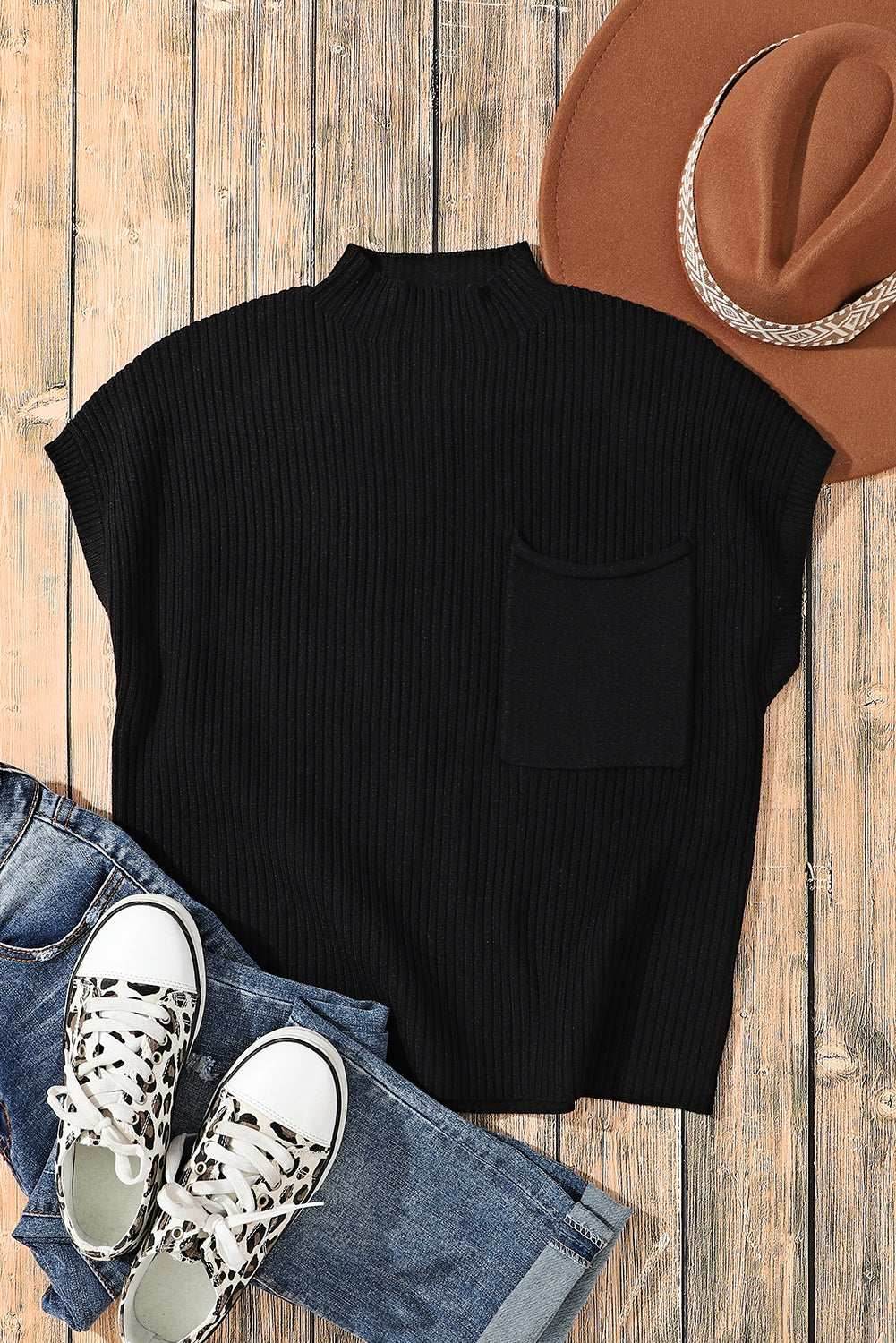 Black Patch Pocket Ribbed Knit Short Sleeve Sweater - VacationGrabs