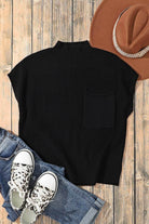Black Patch Pocket Ribbed Knit Short Sleeve Sweater - VacationGrabs