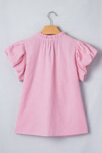 Stripe Short Bubble Sleeve Split V-Neck Blouse